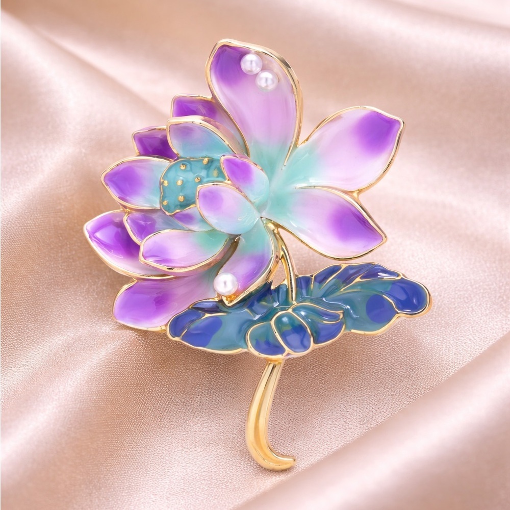 Purple Lotus Brooch Elegant Enamel Flower Pin View 5